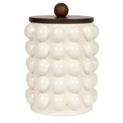 Storied Home Round Stoneware Canister With Raised Dots And Acacia Wood Lid, White And Natural 13 Storied Home Round Stoneware Canister With Raised Dots And Acacia Wood Lid, White And Natural -Interio Store GUEST 0165862f a96a 4684 901c 7cc1ec1de921
