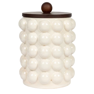 Storied Home Round Stoneware Canister With Raised Dots And Acacia Wood Lid, White And Natural 5 Storied Home Round Stoneware Canister With Raised Dots And Acacia Wood Lid, White And Natural - Image 3