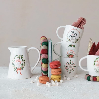 Storied Home 1 Quart Stoneware Pitcher With Gold Electroplating "Holly Jolly", Multicolor 4 Storied Home 1 Quart Stoneware Pitcher With Gold Electroplating "Holly Jolly", Multicolor - Image 2