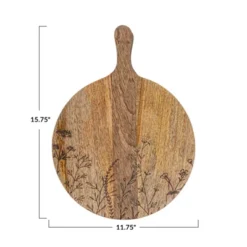 Storied Home Mango Wood Cheese Board With Laser Etched Flowers, Natural