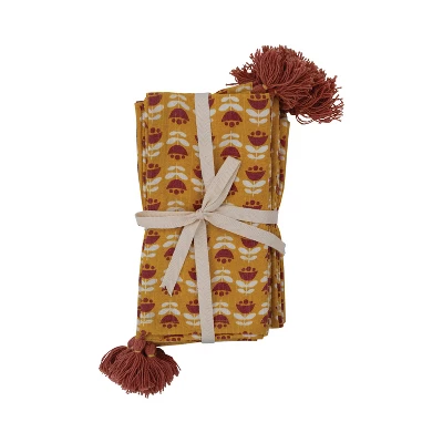 Storied Home Cotton Napkins With Floral Pattern And Tassels, Set Of 4 4 Storied Home Cotton Napkins With Floral Pattern And Tassels, Set Of 4 - Image 2