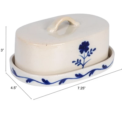 Storied Home Hand-Painted Stoneware Butter Dish With Flower, Blue And White 3 Storied Home Hand-Painted Stoneware Butter Dish With Flower, Blue And White
