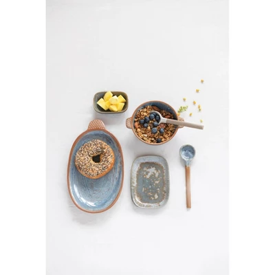 Storied Home Stoneware Plate With Handle And Brown Rim, Reactive Glaze 4 Storied Home Stoneware Plate With Handle And Brown Rim, Reactive Glaze - Image 2