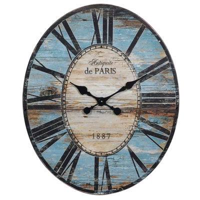 Storied Home Decorative Oval Wood Wall Clock With Distressed Finish, Turquoise 4 Storied Home Decorative Oval Wood Wall Clock With Distressed Finish, Turquoise - Image 2