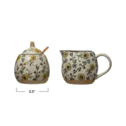 Storied Home Hand-Painted Stoneware Sugar Pot And Stoneware Creamer With Lid And Bamboo Spoon, Multicolor