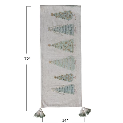 Storied Home Linen Printed Table Runner With Trees, Embroidery, Beads, French Knots, And Tassels, Multicolor 3 Storied Home Linen Printed Table Runner With Trees, Embroidery, Beads, French Knots, And Tassels, Multicolor