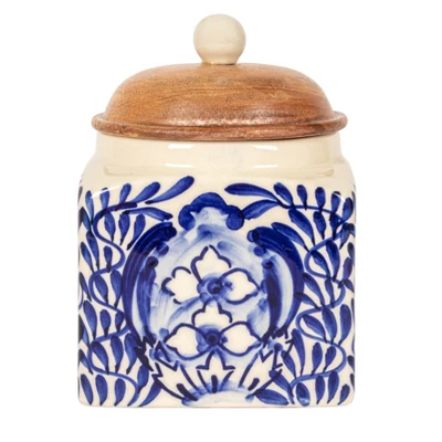 Storied Home Hand-Painted Stoneware Canister With Design, Acacia Wood Lid And Spoon, Cream, Blue And Natural 7 Storied Home Hand-Painted Stoneware Canister With Design, Acacia Wood Lid And Spoon, Cream, Blue And Natural - Image 5