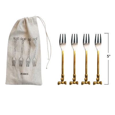 Storied Home 4-Piece Appetizer Forks With Gold Finish Bow Handles, Stainless Steel And Brass 3 Storied Home 4-Piece Appetizer Forks With Gold Finish Bow Handles, Stainless Steel And Brass