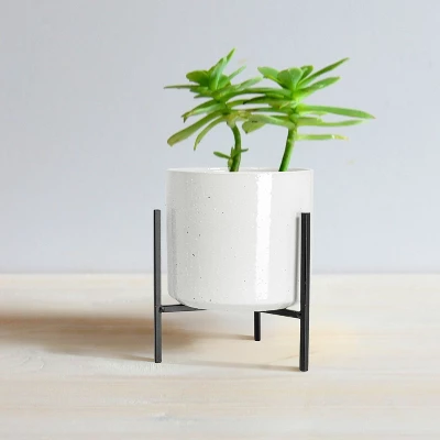 Storied Home Large White Stoneware Flower Pot With Black Metal Stand (Pot With Stand) 4 Storied Home Large White Stoneware Flower Pot With Black Metal Stand (Pot With Stand) - Image 2