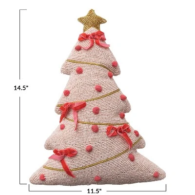 Storied Home Beaded Tree Shaped Pillow With Hand-Embroidery, Pom Poms, Appliqued Velvet Bows And Velvet Back, Pink And Gold Color 3 Storied Home Beaded Tree Shaped Pillow With Hand-Embroidery, Pom Poms, Appliqued Velvet Bows And Velvet Back, Pink And Gold Color