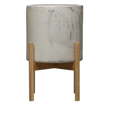 Storied Home Round Stoneware Planter On Wood Holder, White And Natural 4 Storied Home Round Stoneware Planter On Wood Holder, White And Natural - Image 2