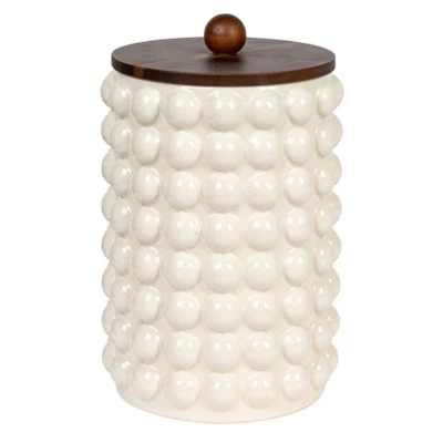 Storied Home Round Stoneware Canister With Raised Dots And Acacia Wood Lid, White And Natural 10 Storied Home Round Stoneware Canister With Raised Dots And Acacia Wood Lid, White And Natural - Image 8