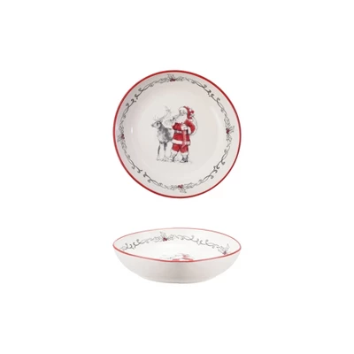 Storied Home Round Stoneware Bowl With Santa And Reindeer Image And Colored Rim, Red, Black And White 4 Storied Home Round Stoneware Bowl With Santa And Reindeer Image And Colored Rim, Red, Black And White - Image 2