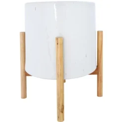 Storied Home Round Stoneware Planter On Wood Holder, White And Natural 13 Storied Home Round Stoneware Planter On Wood Holder, White And Natural -Interio Store GUEST 1a7f7c25 3c6e 45a0 8b27 0804e6789b74