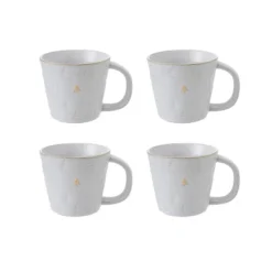 Storied Home 10-Ounce Debossed Stoneware Mug With Trees And Gold Electroplating In Reactive Glaze, White, Set Of 4