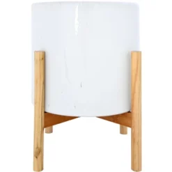 Storied Home Round Stoneware Planter On Wood Holder, White And Natural 15 Storied Home Round Stoneware Planter On Wood Holder, White And Natural -Interio Store GUEST 1cb0c97f 3aca 404e 9915 a17141ac12b5