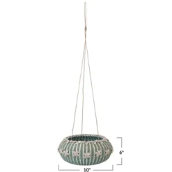Storied Home Hanging Handwoven Rattan Planter With Shells And Jute Hanger, Aqua