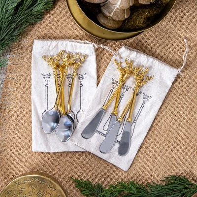 Storied Home Stainless Steel And Brass Spoons With Gold Finish Reindeer Handles, Set Of 4 In Printed Drawstring Bag 4 Storied Home Stainless Steel And Brass Spoons With Gold Finish Reindeer Handles, Set Of 4 In Printed Drawstring Bag - Image 2