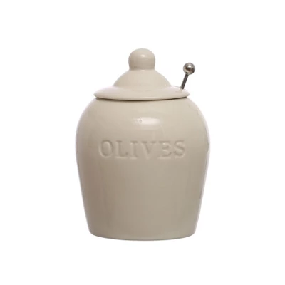 Storied Home 4 Inches Round Debossed Stoneware Jar With Stainless Steel Slotted Spoon Olives, White 4 Storied Home 4 Inches Round Debossed Stoneware Jar With Stainless Steel Slotted Spoon Olives, White - Image 2