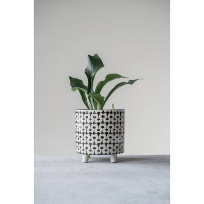 8" X 8" Round Stoneware Footed Planter Black/White - Storied Home 3 8" X 8" Round Stoneware Footed Planter Black/White - Storied Home