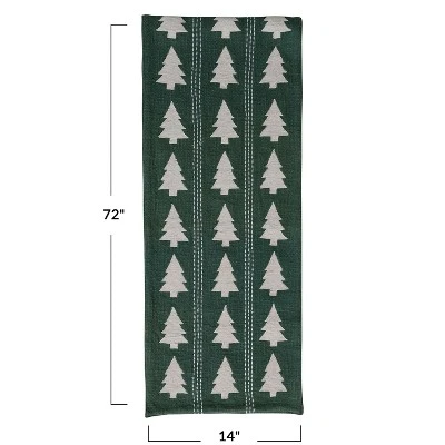 Storied Home Slub Table Runner With Tree Pattern, Embroidery And Stitching, Green And Natural 3 Storied Home Slub Table Runner With Tree Pattern, Embroidery And Stitching, Green And Natural