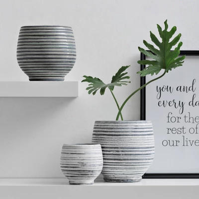 Stoneware Planter Gray And White Striped - Storied Home 3 Stoneware Planter Gray And White Striped - Storied Home
