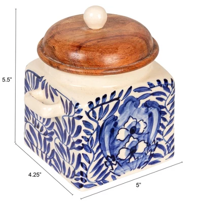 Storied Home Hand-Painted Stoneware Canister With Design, Acacia Wood Lid And Spoon, Cream, Blue And Natural 3 Storied Home Hand-Painted Stoneware Canister With Design, Acacia Wood Lid And Spoon, Cream, Blue And Natural