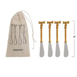 Storied Home 4-Piece Canape Knives With Gold Finish Bow Handles, Stainless Steel And Brass