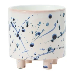Storied Home Stoneware Footed Planter With Splatter Design, White And Blue -Interio Store GUEST 2c1a19a3 cb6c 4afc a021 c2879e25f05f