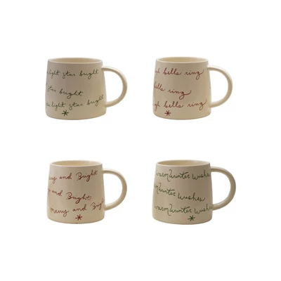 Storied Home 4-Piece Stoneware Mug With Holiday Saying, Cream 3 Storied Home 4-Piece Stoneware Mug With Holiday Saying, Cream