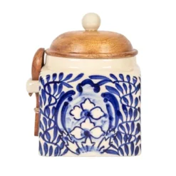 Storied Home Hand-Painted Stoneware Canister With Design, Acacia Wood Lid And Spoon, Cream, Blue And Natural 14 Storied Home Hand-Painted Stoneware Canister With Design, Acacia Wood Lid And Spoon, Cream, Blue And Natural -Interio Store GUEST 2debeb76 e0c0 4722 928a f535b689ea00