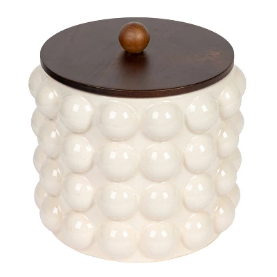 Storied Home Round Stoneware Canister With Raised Dots And Acacia Wood Lid, White And Natural 11 Storied Home Round Stoneware Canister With Raised Dots And Acacia Wood Lid, White And Natural - Image 9
