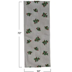 Storied Home Cotton And Linen Table Runner With Embroidered Mistletoe And Pom Poms, Natural, Green And Red