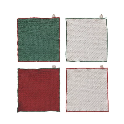 Storied Home 4-Piece Square Waffle Weave Dish Cloths With Colored Stitched Edge, Natural, Green And Red 4 Storied Home 4-Piece Square Waffle Weave Dish Cloths With Colored Stitched Edge, Natural, Green And Red - Image 2