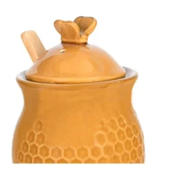 Storied Home Yellow With Decorative Bees Stoneware Honey Jar With Lid & Wood Honey Dipper (Set Of 2 Pieces)