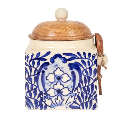 Storied Home Hand-Painted Stoneware Canister With Design, Acacia Wood Lid And Spoon, Cream, Blue And Natural 8 Storied Home Hand-Painted Stoneware Canister With Design, Acacia Wood Lid And Spoon, Cream, Blue And Natural - Image 6