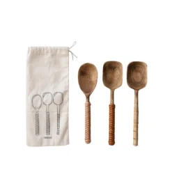 Storied Home Mango Wood Spoons With Bamboo And Leather Wrapped Handles, Set Of 3 In Printed Drawstring Bag -Interio Store GUEST 42c7dc3e a24e 4299 8d1f 83412bd6963e