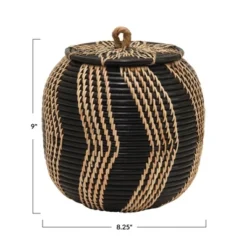 Storied Home Decorative Handwoven Rattan Storage Basket Storage With Lid, Natural And Black