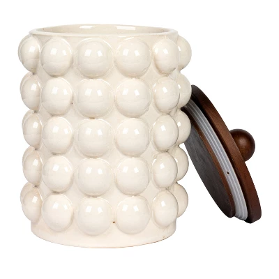 Storied Home Round Stoneware Canister With Raised Dots And Acacia Wood Lid, White And Natural 8 Storied Home Round Stoneware Canister With Raised Dots And Acacia Wood Lid, White And Natural - Image 6
