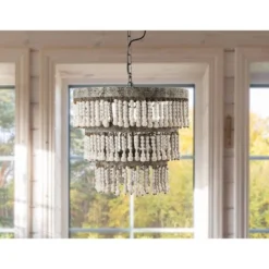 3-Tier Round Metal Chandelier With 3 Lights And Hanging Wood Beads Cream - Storied Home -Interio Store GUEST 506ebbd1 0947 4929 9e1f 5c488f0fb694