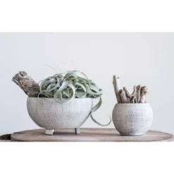 Storied Home Small Footed Terracotta Planter With Fluted Texture Distressed Cream: Indoor 4.5" Hand-Painted Vase