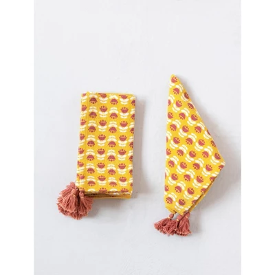 Storied Home Cotton Napkins With Floral Pattern And Tassels, Set Of 4 3 Storied Home Cotton Napkins With Floral Pattern And Tassels, Set Of 4