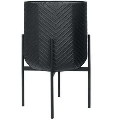 Storied Home Round Metal Planter With Chevron Pattern On Stand, Black 6 Storied Home Round Metal Planter With Chevron Pattern On Stand, Black - Image 4