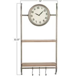 Wall Clock With 2 Shelves & 3 Hooks