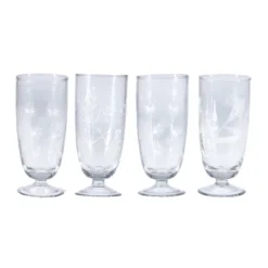 Storied Home 4-Piece 8-Ounce Hand-Blown Stemmed Drinking Glass With Etched Botanicals, Clear