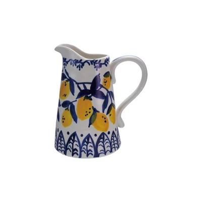 Storied Home 1.5-Quart Hand-Painted Stoneware Pitcher With Lemons, White, Blue And Yellow 4 Storied Home 1.5-Quart Hand-Painted Stoneware Pitcher With Lemons, White, Blue And Yellow - Image 2