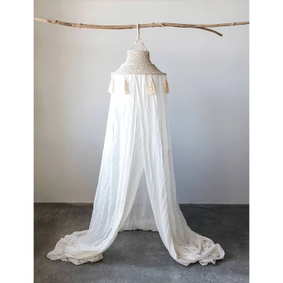 Storied Home White Cotton Macrame Canopy With Tassels: Modern Abstract Vertical Wall Art, Metal Frame, Dry Dust Care 3 Storied Home White Cotton Macrame Canopy With Tassels: Modern Abstract Vertical Wall Art, Metal Frame, Dry Dust Care