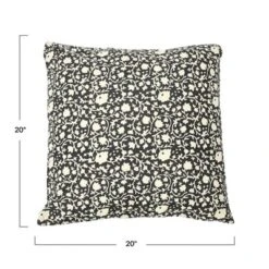 Storied Home Vintage Inspired Floral Block Pattern Square Cotton Decorative Throw Pillow, Black & White