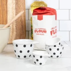 Storied Home Ceramic Measuring Cups With Polka Dots, Set Of 4 Sizes, Black And White