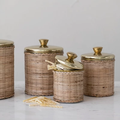 Storied Home Rattan Wrapped Stainless Steel Canisters, Set Of 4, Brass Finish 4 Storied Home Rattan Wrapped Stainless Steel Canisters, Set Of 4, Brass Finish - Image 2